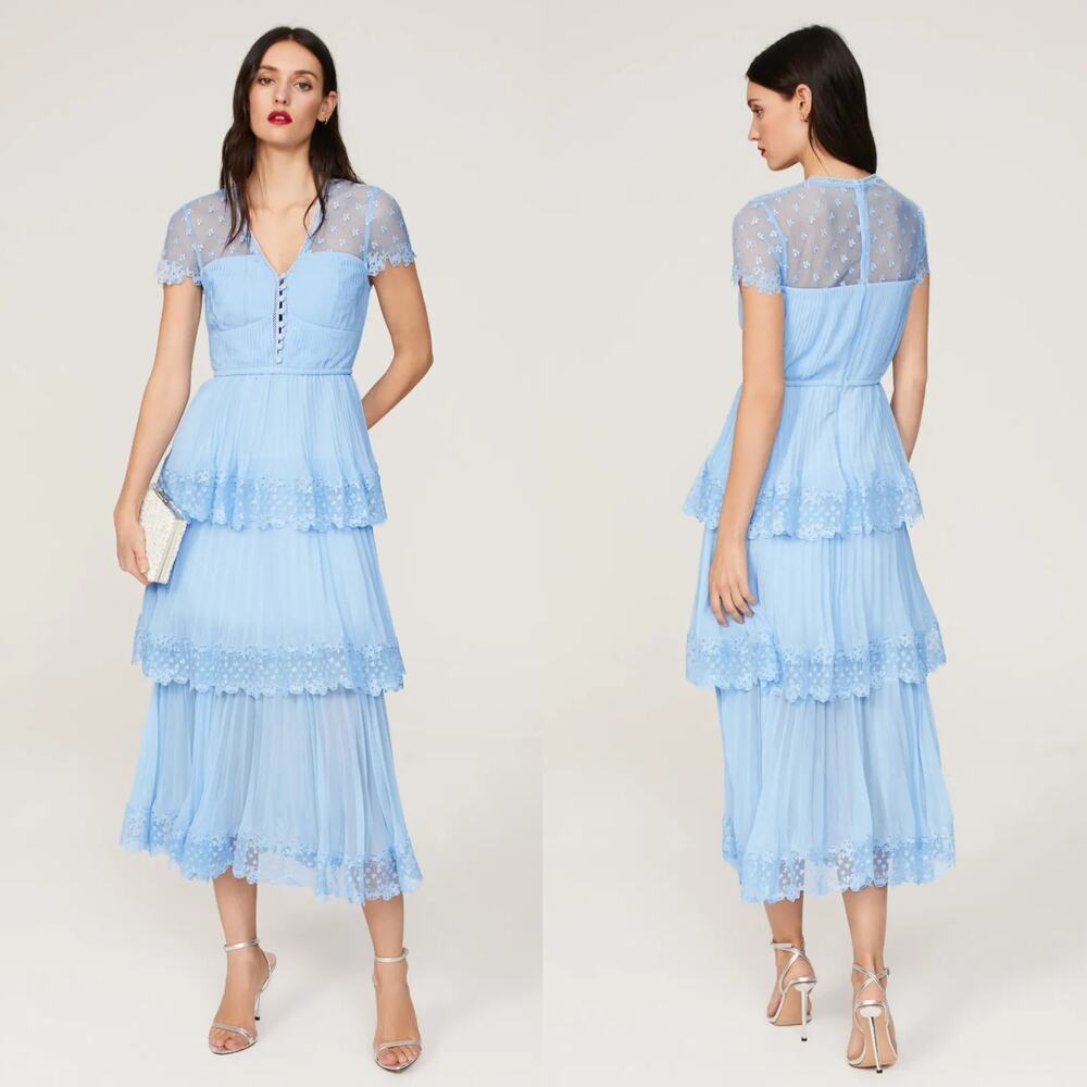 Self Portrait Chiffon Tiered Dress Short Sleeve Lace Trim Midi A-Line Blue 4